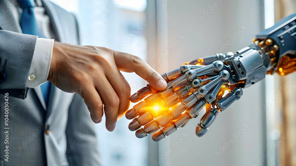 Poster close up human hand touching robotic hand glowing circuits macro shot symbolizing connection collabo