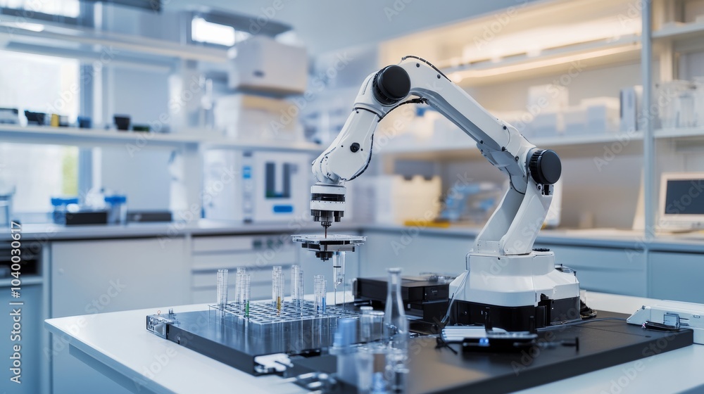 Poster A robot conducting advanced research in a clean, high-tech materials science lab with organized workstations and sophisticated testing equipment, Materials science tech style