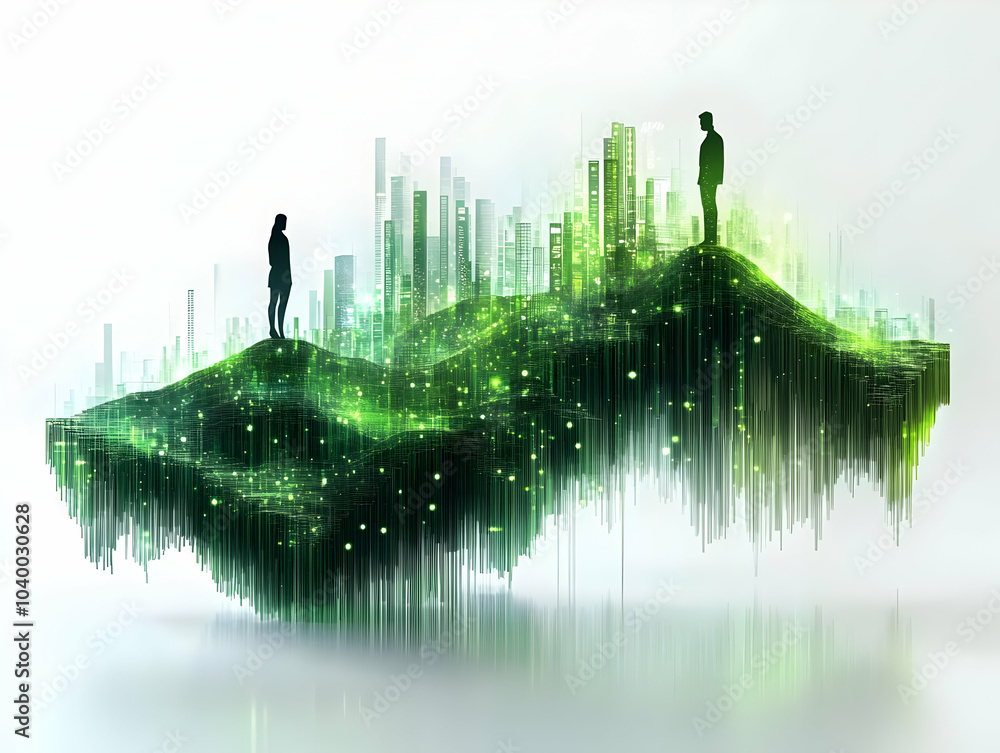 Poster flat holographic data streams creating lush green landscape | esg metrics icons floating | holograph