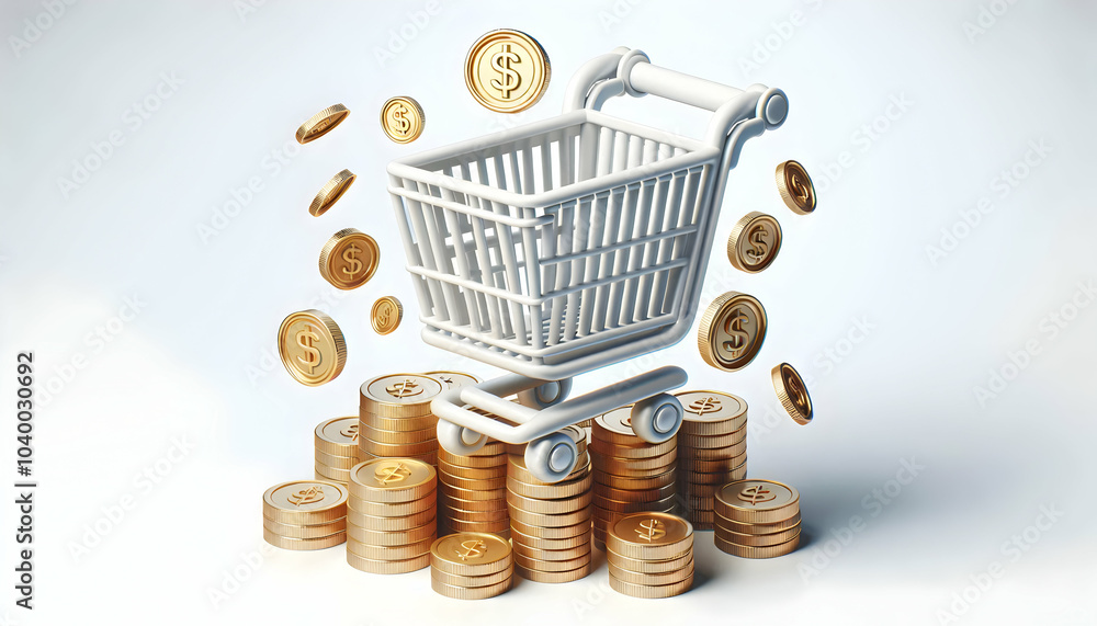 Poster 3d floating shopping cart icon with coins spiraling around - commerce and savings concept vector on 