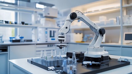 A robot conducting advanced research in a clean, high-tech materials science lab with organized workstations and sophisticated testing equipment, Materials science tech style