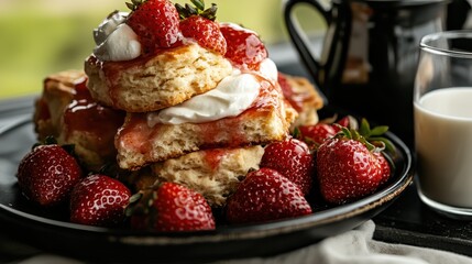 A stack of scones elegantly adorned with fresh cream and strawberries sits invitingly on a dark plate. A glass of milk complements this decadent ensemble beautifully.