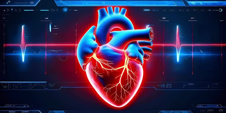 A 3D rendering of a human heart on a digital screen with a heartbeat monitor.