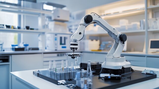 A robot conducting advanced research in a clean, high-tech materials science lab with organized workstations and sophisticated testing equipment, Materials science tech style