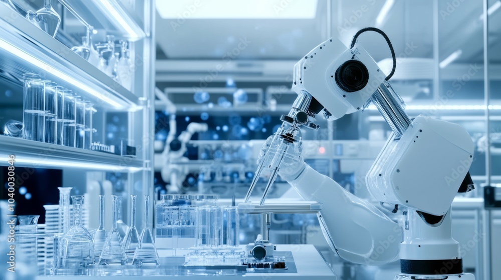 Poster A robot conducting advanced research in a futuristic nanotechnology lab with clean surfaces and sophisticated nano-scale equipment, Nanotechnology tech style, photo of