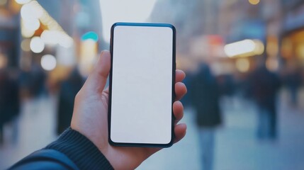 Closeup male hands using smartphone at blurred business centre background. Blank screen mobile phone for graphic display montage.