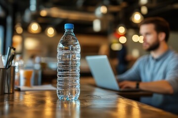 A clear water bottle sits on a wooden table in a bustling café. In the background, a man is focused on his laptop, surrounded by warm lighting and a cozy atmosphere, perfect for productivity. - Powered by Adobe