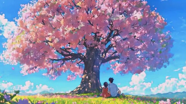 Lofi Cute cozy couple sits beneath a large tree full bloom, flowers colorful canopy. summer breeze, music Anime style. illustration lofi chill hip hop Relaxing music. Seamless Loop 4k Animation video