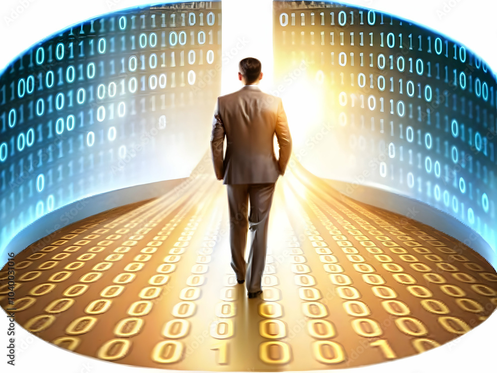 Poster businessman contemplating digital transformation path with codes and symbols representing business j