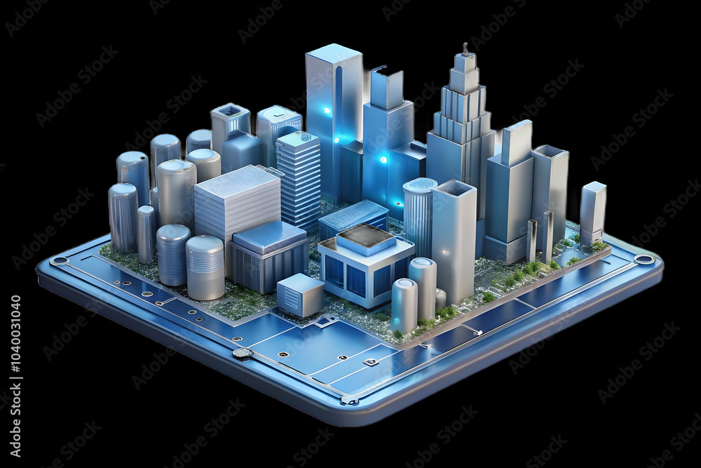 Poster glossy circuit board background with transparent cityscape overlay for smart city technology concept