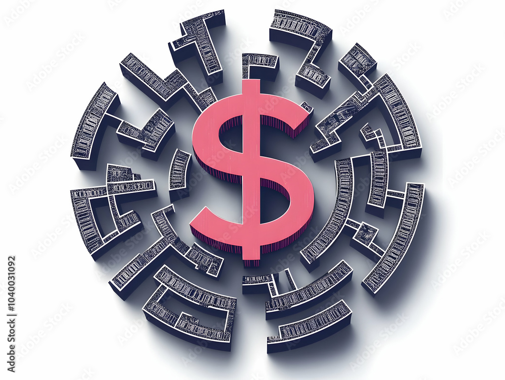 Poster flat maze vector dollar sign center multiple paths concept circular maze illustration highlighted ro