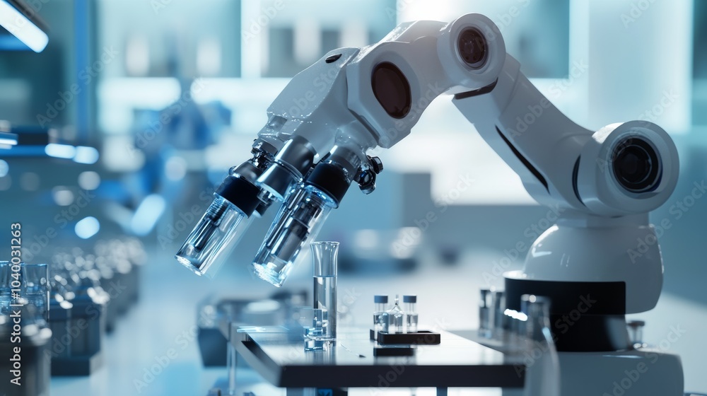 Poster A robot conducting advanced research in a futuristic nanotechnology lab with clean surfaces and sophisticated nano-scale equipment, Nanotechnology tech style, photo of