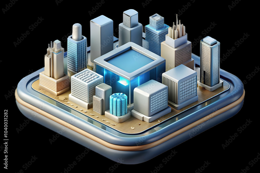 Poster macro view of microchip reflecting cityscape - close up image showcasing ai impact on urban business