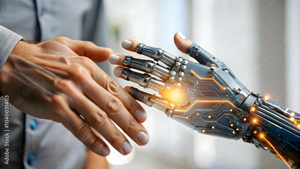 Poster close up human hand touching robotic hand glowing circuits macro shot symbolizing connection collabo