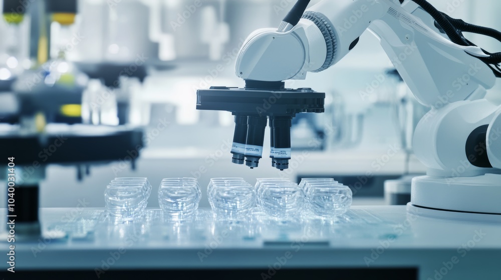 Aufkleber A robot conducting advanced research in a futuristic nanotechnology lab with clean surfaces and sophisticated nano-scale equipment, Nanotechnology tech style, photo of