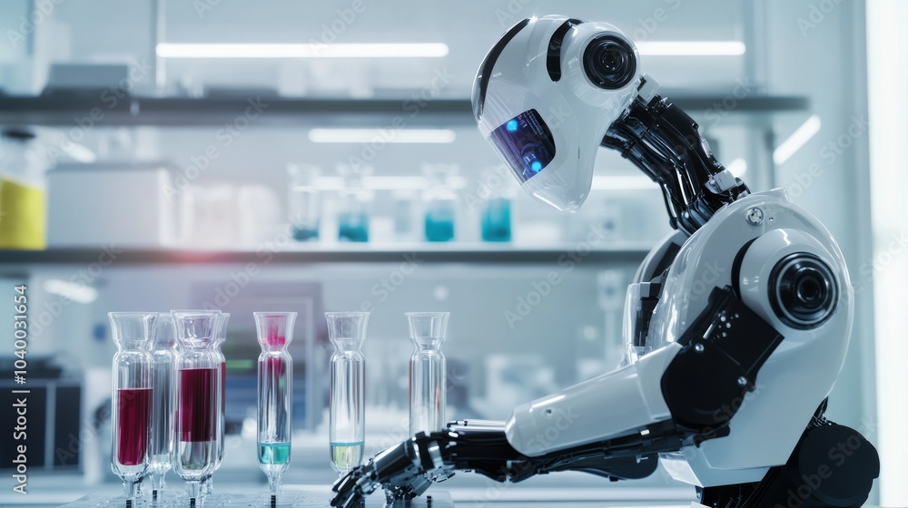 Poster a robot conducting advanced research on renewable energy solutions in a high-tech clean energy lab, 