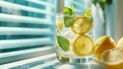 A glass of sparkling lemonade enhanced with lemon slices and mint leaves sits on a sunny windowsill. The scene captures freshness with sunlight streaming through blinds.
