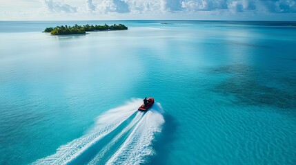 Obraz premium An aerial view of a jet ski navigating through clear ocean waters, with small islands in the background.
