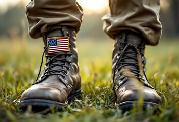 military boots near american flag with stars and stripes on grass
