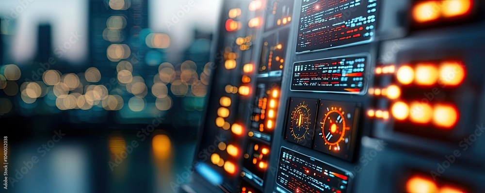 Poster control panel with illuminated buttons on a blurred city background.
