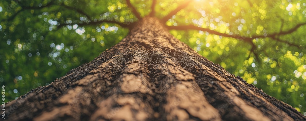 Poster low angle view of a tall tree trunk with sunlight filtering through the leaves.