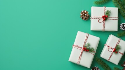 A festive arrangement of beautifully wrapped Christmas gifts adorned with red twine, pine sprigs, and decorative pine cones against a vibrant teal background.