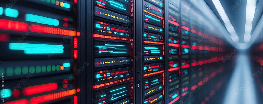 Poster colorful data center with illuminated server racks and glowing lights.