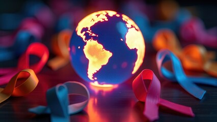 A vibrant image depicting a glowing Earth surrounded by colorful ribbons, symbolizing global unity, awareness efforts, and solidarity, emphasizing the need for collective action across different cause