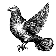 Pigeon dove bird animal sketch engraving generative ai fictional character PNG illustration. Scratch board imitation. Black and white image.
