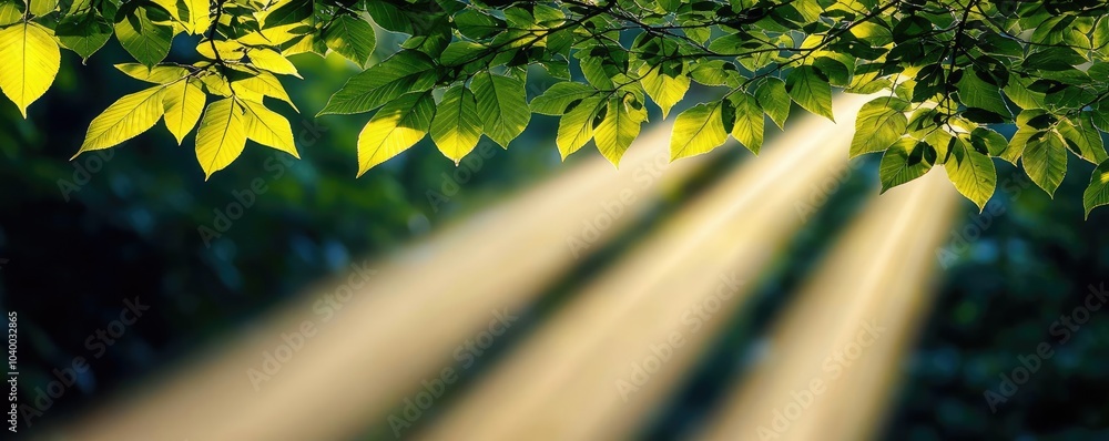 Poster sunlight filtering through green leaves, creating a serene and tranquil atmosphere.