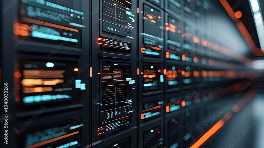 Poster futuristic server room with illuminated panels and organized data racks.