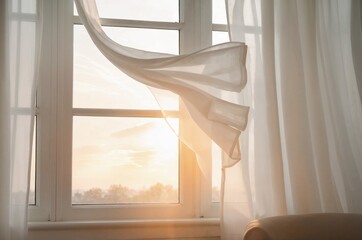 gentle breeze blowing in from a window  with soft  white curtains