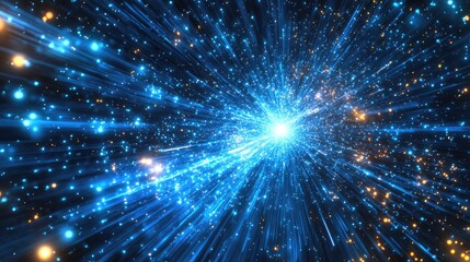 Naklejka premium Abstract blue and yellow light rays radiating from a central point against a black background.