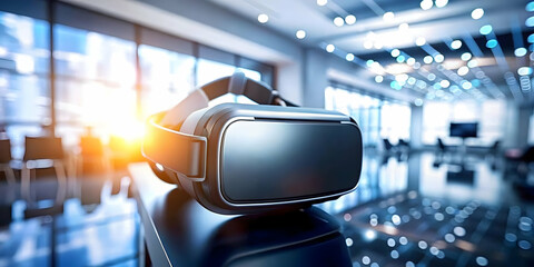 Close Up VR Headset Company Logo Macro Shot Blurred Office Background Corporate Adoption Virtual Reality Ample Copy Space Photo Stock Concept