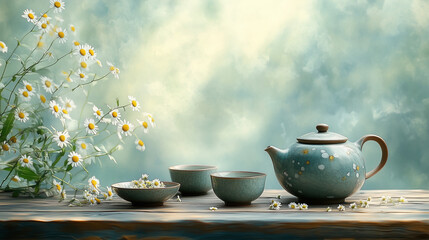 Fototapeta premium Loose leaf tea and chamomile, Rustic ceramic teapot and cups on weathered wooden surface.