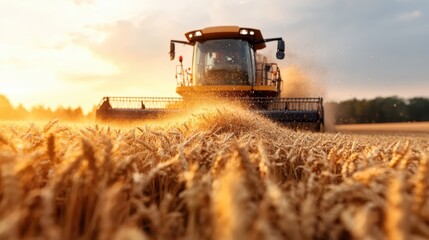 Fototapeta premium A combine harvester operates in a field of golden wheat during sunset, capturing the essence of modern agriculture and the beauty of rural landscapes.
