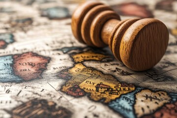 Vintage map with a wooden stamp placed on a highlighted location from a historical exploration