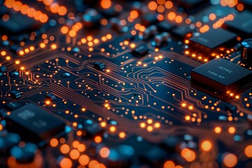 Intricate Circuit Board with Glowing Connections and Microchips