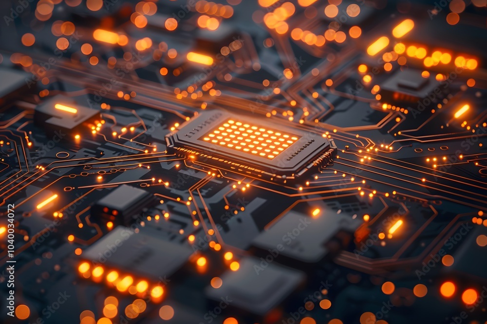 Poster intricate circuit board with glowing components and connections