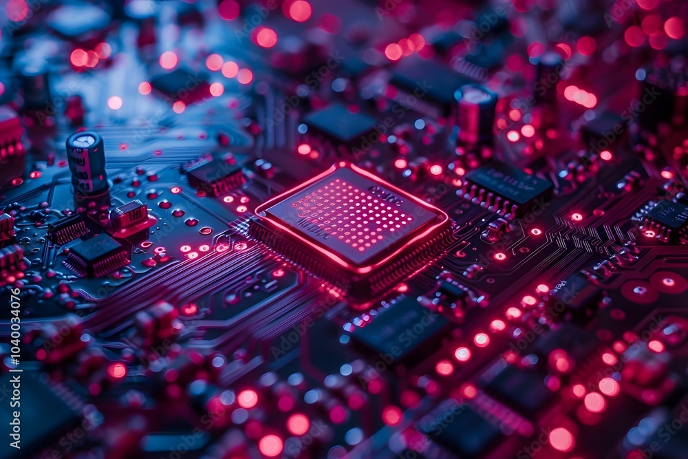 Poster glowing circuit board with a central processor in a high-tech environment