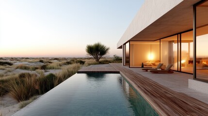 Obraz premium A striking contemporary oasis with a sleek swimming pool, warm interiors inviting onlookers, surrounded by nature for a perfect blend of comfort and style.