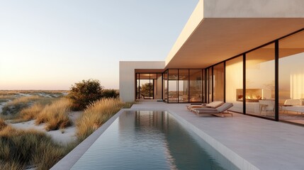 Stunning contemporary architecture showcasing a sleek infinity pool that mirrors the vibrant hues of sunset, embodying elegance and tranquility in design and setting.