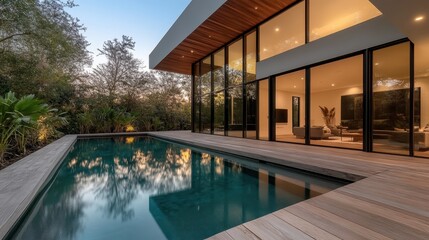 Obraz premium Contemporary home design featuring a sleek pool surrounded by lush greenery, creating a serene retreat where modern architecture harmonizes with natural beauty.