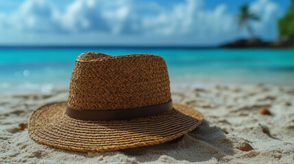 Hat on the exotic, sandy beach near the transparent blue water of ocean. Travel, tourism, holidays concept.