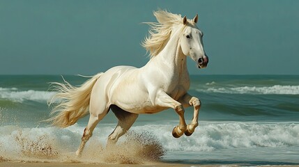 Obraz premium Majestic white horse running on the beach