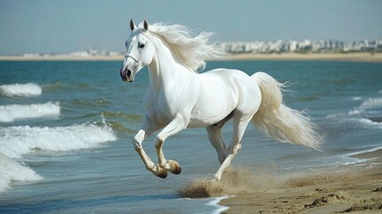 Obraz premium Majestic white horse galloping on the beach