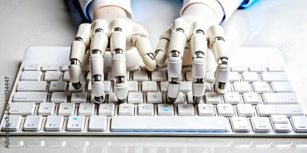 Poster close up of robotic fingers typing on medical keyboard macro image representing ai in healthcare, da