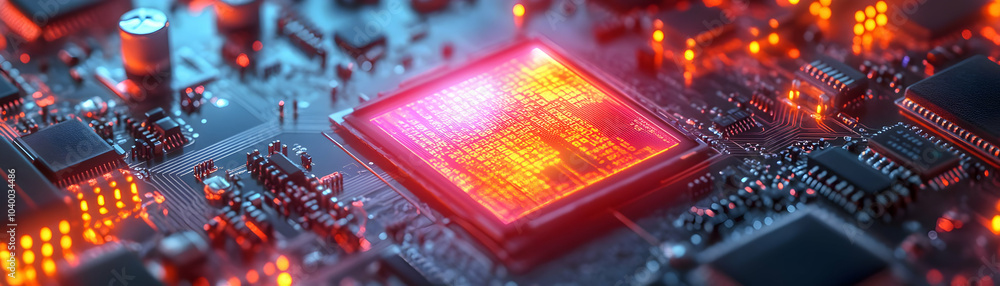 Poster holographic price tag microchip macro shot floating digital offer glowing brightly surface textures 