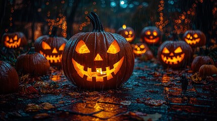 Vibrant glowing jack o' lanterns amidst autumn rain