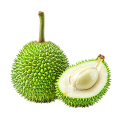 Naklejka premium A vibrant green durian fruit, whole and halved, showcasing its spiky exterior and pale, creamy interior.